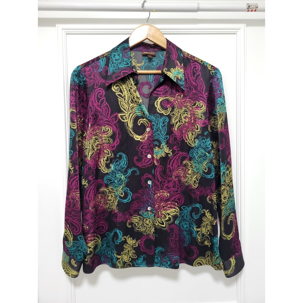 Tesori Black Multicolor Paisley 100% Silk Long Sleeve Button Up Blouse Sz L